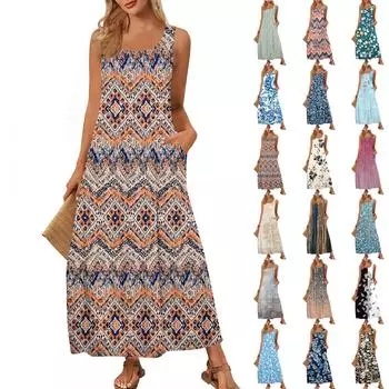 Женская модная повседневная макси-юбка, летняя пляжная юбка с круглым вырезом, без рукавов, свободный сарафан с винтажным принтом L чёрный