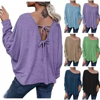 Женская модная повседневная новая однотонная свободная футболка с открытыми плечами и топом L чёрный