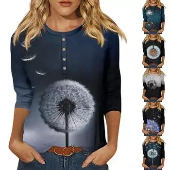 Женская модная повседневная новая пуговица с круглым вырезом и рукавами 3/4, свободная футболка с принтом, женский топ L чёрный