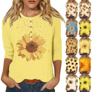 Женская модная повседневная новая пуговица с круглым вырезом и рукавами 3/4, свободная футболка с принтом, женский топ L бежевый