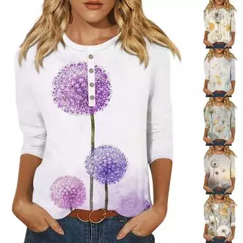 Женская модная повседневная новая пуговица с круглым вырезом и рукавами 3/4, свободная футболка с принтом, женский топ L синий