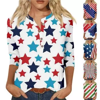Женская модная повседневная новая свободная футболка с круглым вырезом на пуговицах и рукавами 3/4, женский топ с принтом ко Дню независимости L синий