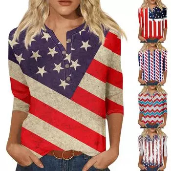 Женская модная повседневная новая свободная футболка с круглым вырезом на пуговицах и рукавами 3/4, женский топ с принтом ко Дню независимости L