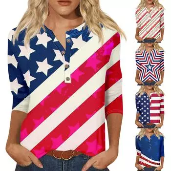 Женская модная повседневная новая свободная футболка с круглым вырезом на пуговицах и рукавами 3/4, женский топ с принтом ко Дню независимости L синий