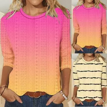 Женская модная повседневная новая свободная футболка с круглым вырезом и рукавами 3/4 с принтом, женский топ M бежевый