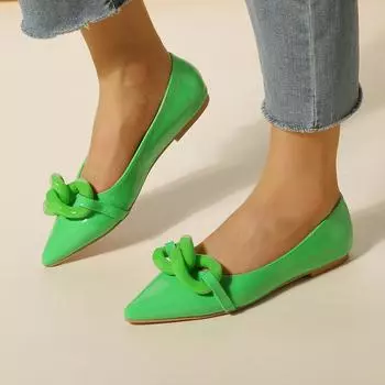 Женская модная повседневная обувь на плоской подошве с острым носком и цепочкой, лаконичный дизайн, женская мода, весна-осень, зеленая, розовая, красная, бежевая, 42 36 бежевый