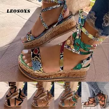 Женская модная повседневная обувь с этническим принтом, пляжные сандалии больших размеров на шнуровке, летние туфли со змеиной подошвой, удобная обувь 35 зелёный
