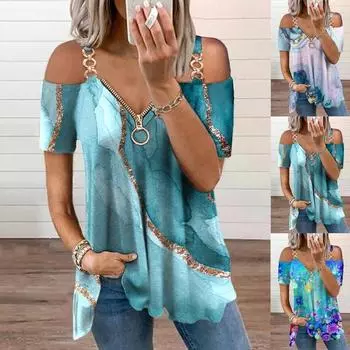 Женская модная повседневная одежда с цветочным принтом, топы с короткими рукавами и открытыми плечами, блузки на молнии с V-образным вырезом, женская футболка, свободные рубашки больших размеров M