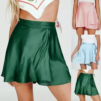 Женская модная повседневная однотонная атласная короткая юбка на шнуровке с высокой талией L синий