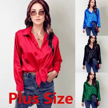 Женская модная повседневная однотонная атласная рубашка с длинными рукавами и имитацией шелка на пуговицах S кофейный