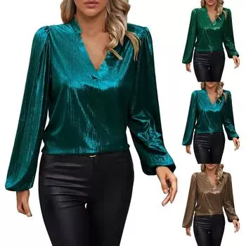 Женская модная повседневная однотонная атласная шелковая рубашка повседневный плиссированный топ с длинным рукавом L золотой