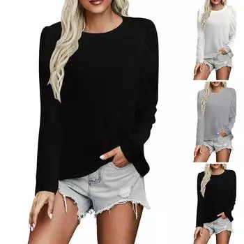 Женская модная повседневная однотонная блузка с длинным рукавом и круглым вырезом L чёрный