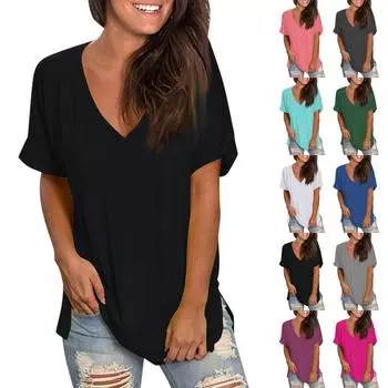 Женская модная повседневная однотонная блузка с v-образным вырезом и короткими рукавами