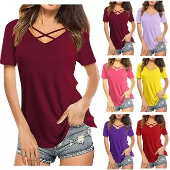 Женская модная повседневная однотонная блузка с v-образным вырезом и короткими рукавами с перекрестным вырезом спереди M винный