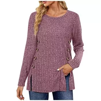 Женская модная повседневная однотонная двубортная футболка с разрезом на подоле и свободными рукавами XL фиолетовый