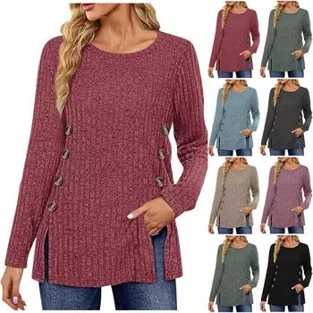 Женская модная повседневная однотонная двубортная футболка с разрезом на подоле и свободными рукавами XXL чёрный