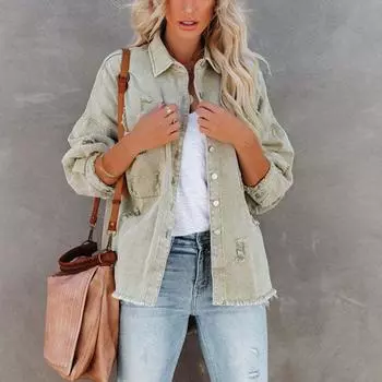 Женская модная повседневная однотонная джинсовая куртка с длинным рукавом L красный