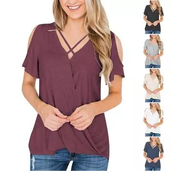 Женская модная повседневная однотонная футболка без бретелек с v-образным вырезом и короткими рукавами, топ L чёрный