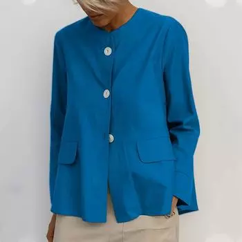 Женская модная повседневная однотонная футболка-пуловер с длинным рукавом L синий