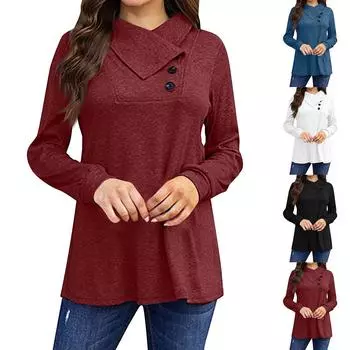 Женская модная повседневная однотонная футболка с длинным рукавом и воротником на пуговицах, однотонный свободный топ L чёрный