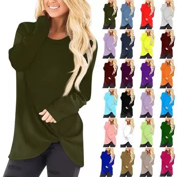 Женская модная повседневная однотонная футболка с длинным рукавом и круглым вырезом, топ L хаки