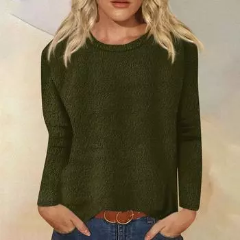 Женская модная повседневная однотонная футболка с длинными рукавами и круглым вырезом L армия зеленый