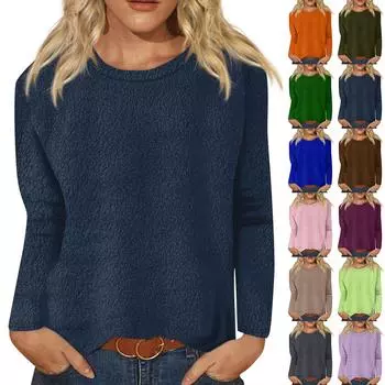 Женская модная повседневная однотонная футболка с длинными рукавами и круглым вырезом L армия зеленый