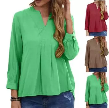 Женская модная повседневная однотонная футболка с длинными рукавами и V-образным вырезом L