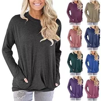 Женская модная повседневная однотонная футболка с круглым вырезом и карманом с длинными рукавами, топ XXXL