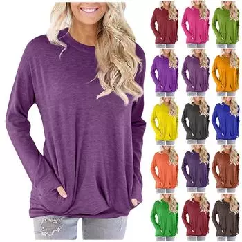 Женская модная повседневная однотонная футболка с круглым вырезом и карманом с длинными рукавами, топ M кофейный