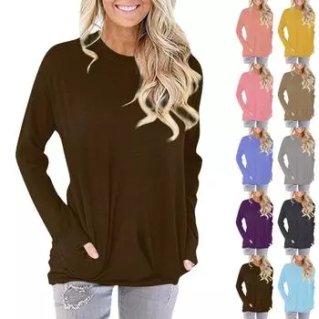 Женская модная повседневная однотонная футболка с круглым вырезом и карманом с длинными рукавами, топ L бронзовый