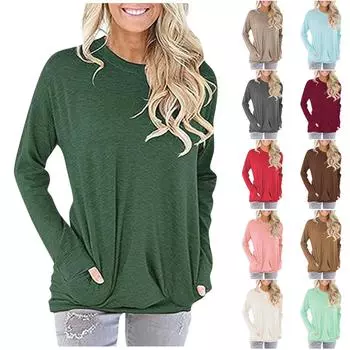 Женская модная повседневная однотонная футболка с круглым вырезом и карманом с длинными рукавами, топ L винный