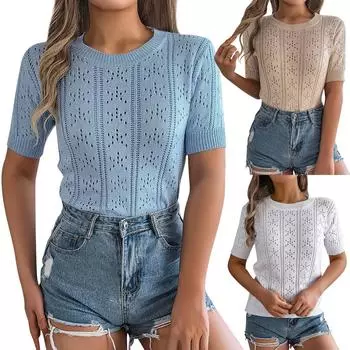 Женская модная повседневная однотонная футболка с R-образным вырезом и короткими рукавами L хаки