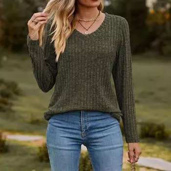 Женская модная повседневная однотонная футболка с V-образным вырезом и длинным рукавом, удобный топ M