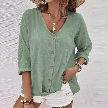 Женская модная повседневная однотонная футболка с v-образным вырезом на груди и семью рукавами, топ L зелёный