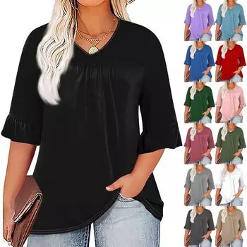 Женская модная повседневная однотонная футболка с v-образным вырезом и принтом, плиссированная футболка с рукавами семь минут, топы больших размеров