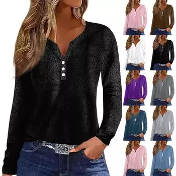 Женская модная повседневная однотонная футболка с v-образным вырезом и длинным рукавом на пуговицах, топ L чёрный