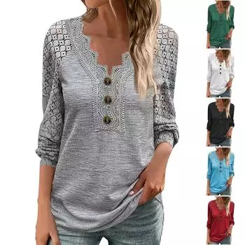 Женская модная повседневная однотонная футболка с V-образным вырезом на груди и пуговицами, кружевная футболка с длинным рукавом XXXXL красный