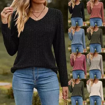 Женская модная повседневная однотонная футболка с V-образным вырезом и длинным рукавом, удобный топ L армия зеленый