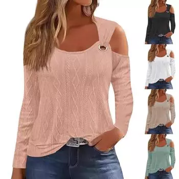 Женская модная повседневная однотонная футболка с V-образным вырезом и металлической пряжкой, с длинными рукавами M чёрный