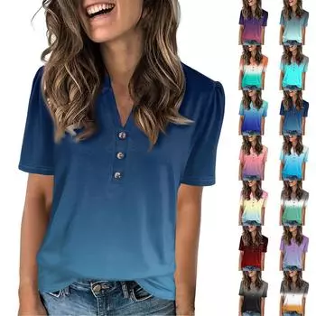 Женская модная повседневная однотонная футболка с V-образным вырезом и коротким рукавом на пуговицах L армия зеленый