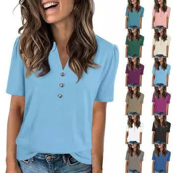 Женская модная повседневная однотонная футболка с V-образным вырезом и коротким рукавом на пуговицах L чёрный