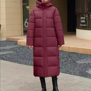 Женская модная повседневная однотонная хлопковая куртка с капюшоном средней длины и длинными рукавами на молнии и пуговицах M винный