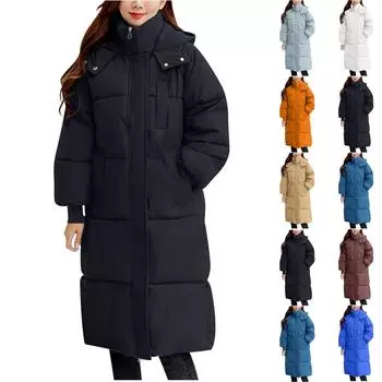 Женская модная повседневная однотонная хлопковая куртка с капюшоном средней длины и длинными рукавами на молнии и пуговицах L чёрный