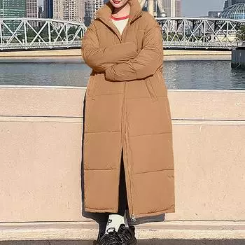 Женская модная повседневная однотонная хлопковая куртка с капюшоном средней длины и длинными рукавами на молнии и пуговицах S хаки