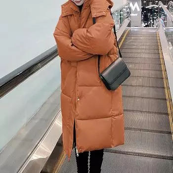 Женская модная повседневная однотонная хлопковая куртка с капюшоном средней длины и длинными рукавами на молнии и пуговицах M хаки