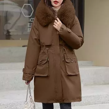Женская модная повседневная однотонная хлопковая куртка с капюшоном и плюшевой застежкой-молнией и пуговицами средней длины с длинными рукавами M хаки