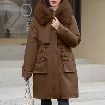 Женская модная повседневная однотонная хлопковая куртка с капюшоном и плюшевой застежкой-молнией и пуговицами средней длины с длинными рукавами M хаки