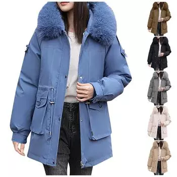 Женская модная повседневная однотонная хлопковая куртка с капюшоном и плюшевой застежкой-молнией и пуговицами средней длины с длинными рукавами XXL хаки