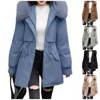 Женская модная повседневная однотонная хлопковая куртка с капюшоном и плюшевым пальто средней длины с длинными рукавами L бежевый